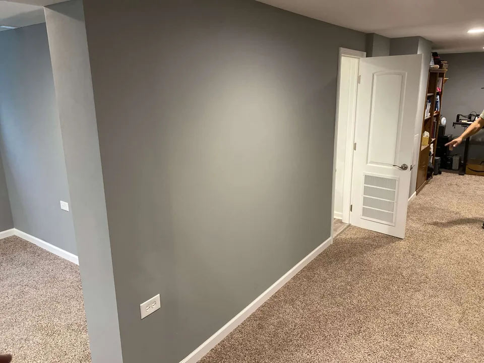 Renovated basement with gray walls and carpet